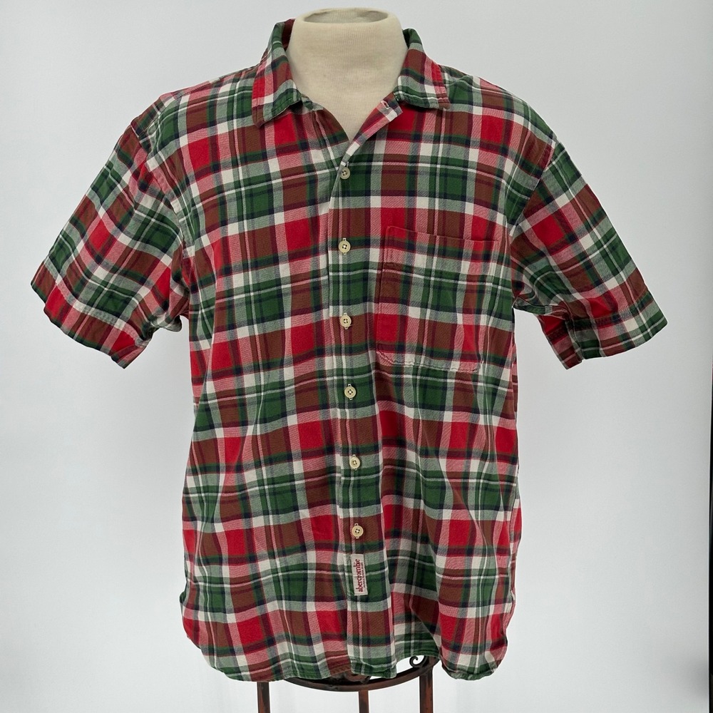 Vtg 90s Abercrombie‎ Fitch Men Plaid Short Sleeve Button Up Shirt Red Green M